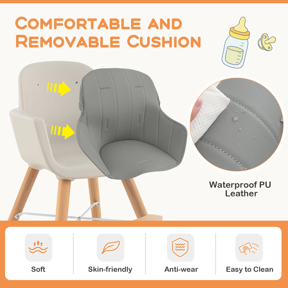 Gray removable cushion for 3-in-1 convertible wooden high chair, made of waterproof PU leather for easy cleaning.