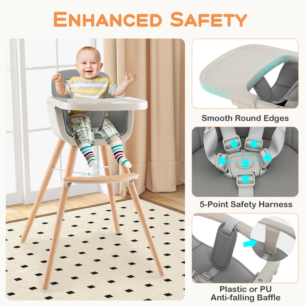 3-in-1 convertible wooden high chair in gray with removable cushion and adjustable tray for safe baby feeding.