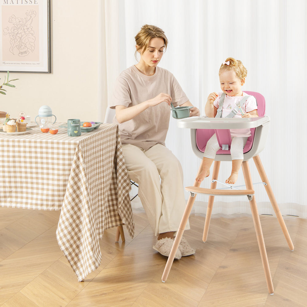 3-in-1 Convertible Wooden High Chair with Cushion-Pink - Gallery View 1 of 10