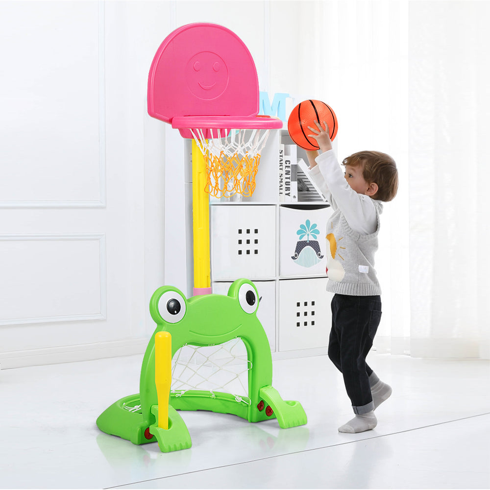 Kids basketball hoop set featuring a frog design, made of non-toxic materials, for outdoor play and exercise.