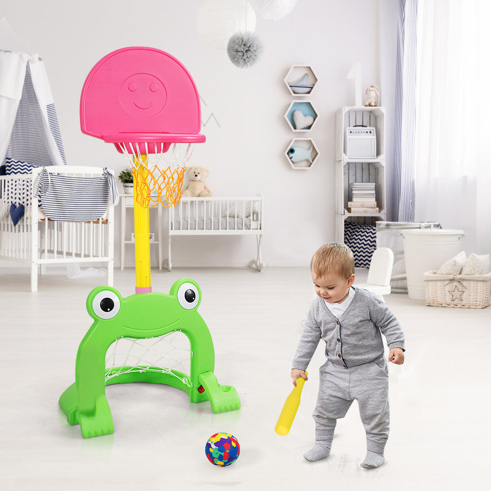 Colorful 3-in-1 kids basketball hoop set with frog design, made of non-toxic materials, for active play and.