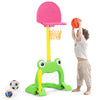 Kids 3-in-1 basketball hoop set with frog design, made of non-toxic materials, for basketball, football, and baseball.