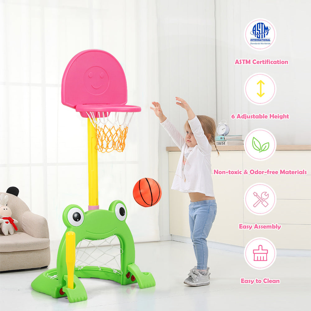 Kids basketball hoop set with frog design, made of non-toxic materials, features 6 adjustable heights for ages 3-8.