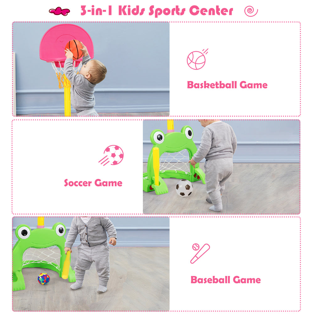 Kids 3-in-1 sports center featuring a frog-themed basketball hoop, soccer goal, and baseball setup for active play.