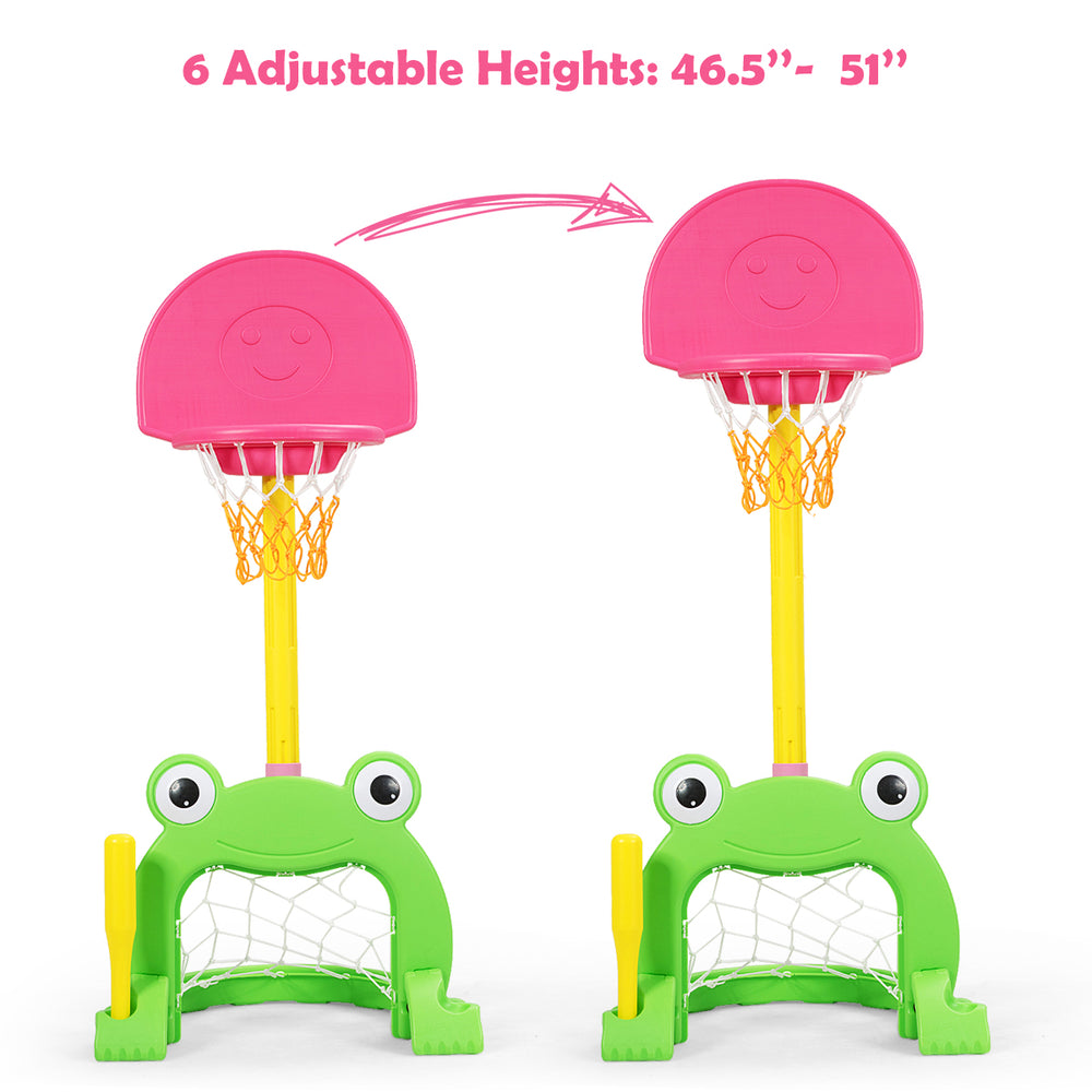 Kids basketball hoop set featuring adjustable heights, frog design, and three sports activities for ages 3 to 8.