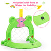 3-in-1 kids basketball hoop set in frog design, made of non-toxic materials, adjustable height for ages 3-8, stable.