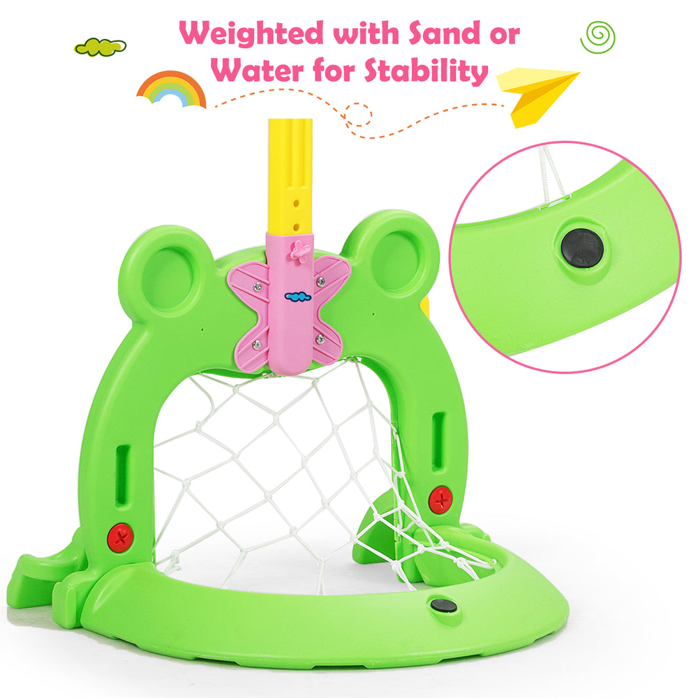 3-in-1 kids basketball hoop set in frog design, made of non-toxic materials, adjustable height for ages 3-8, stable.