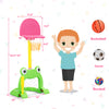3-in-1 kids basketball hoop set with frog design, made of non-toxic materials, for basketball, soccer, and baseball fun.