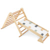 Adjustable 3-in-1 Pikler triangle climbing set with foldable ramp, crafted from durable natural wood for kids' play.