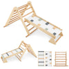 Adjustable 3-in-1 Pikler triangle climbing set with foldable ramp, crafted from natural wood for kids' play and safety.