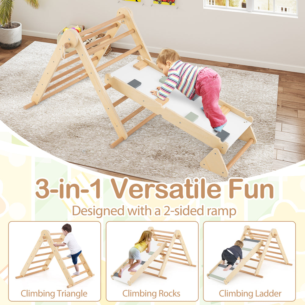 3-in-1 Pikler triangle climbing set with adjustable ramp, crafted from natural beech wood for kids' active play.