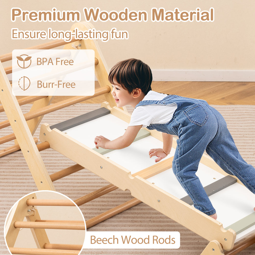 Kids climbing on the 3-in-1 Pikler Triangle Set made of natural beech wood, promoting balance and motor skills.