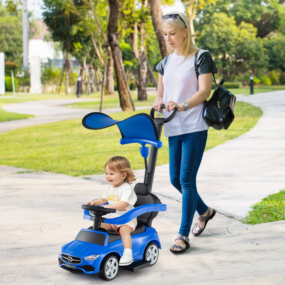 3-in-1 Ride on Push Car Mercedes-Benz Licensed Sliding Car with Canopy-Blue - Gallery View 1 of 10