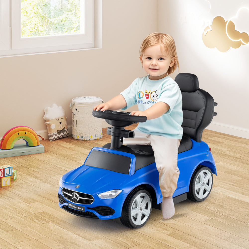 Blue Mercedes-Benz licensed 3-in-1 ride-on push car with steering wheel, suitable for children aged 18-36 months.