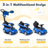 Blue 3-in-1 ride-on push car with canopy, features steering wheel, protective guardrail, and under-seat storage for.