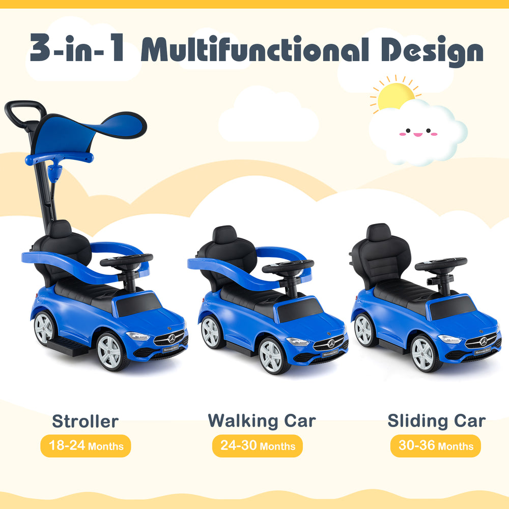 Blue 3-in-1 ride-on push car with canopy, features steering wheel, protective guardrail, and under-seat storage for.