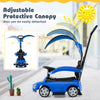 3-in-1 blue ride-on push car with adjustable canopy, suitable for children 18-36 months, featuring a steering wheel and.