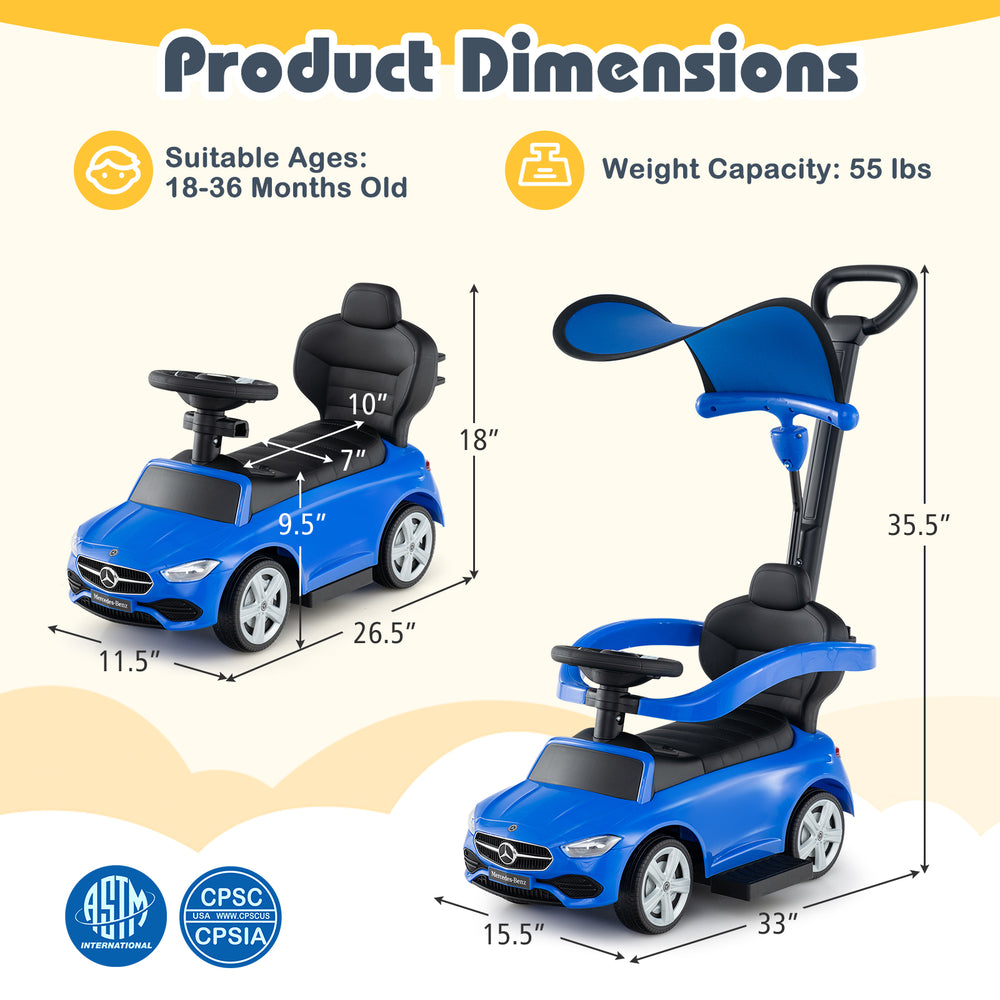 Blue 3-in-1 ride-on push car with canopy, suitable for ages 18-36 months, featuring a steering wheel and under-seat.