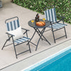 Portable folding chair set with breathable fabric and round table, perfect for poolside relaxation.