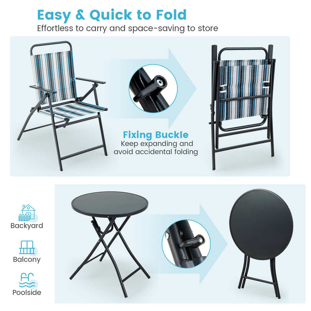 Portable folding chair set with breathable fabric and round table, ideal for backyard and poolside use.