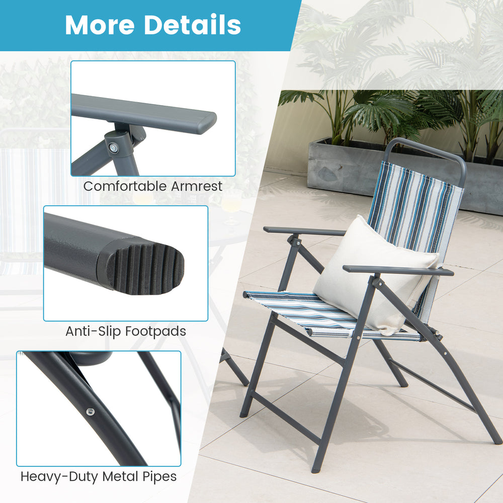 Detail of the portable folding chair showing comfortable armrest and anti-slip footpads, ideal for outdoor use.