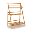3-tier bamboo foldable plant stand with open shelves for indoor and outdoor use, perfect for displaying potted plants.