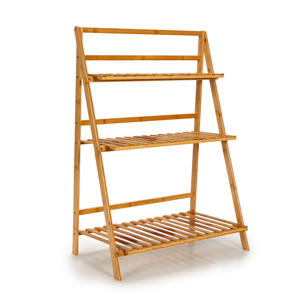 3-tier bamboo foldable plant stand with open shelves for indoor and outdoor use, perfect for displaying potted plants.