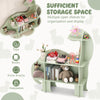 3-tier green dinosaur kids bookshelf with multiple open shelves for toys and books, perfect for nursery or bedroom.