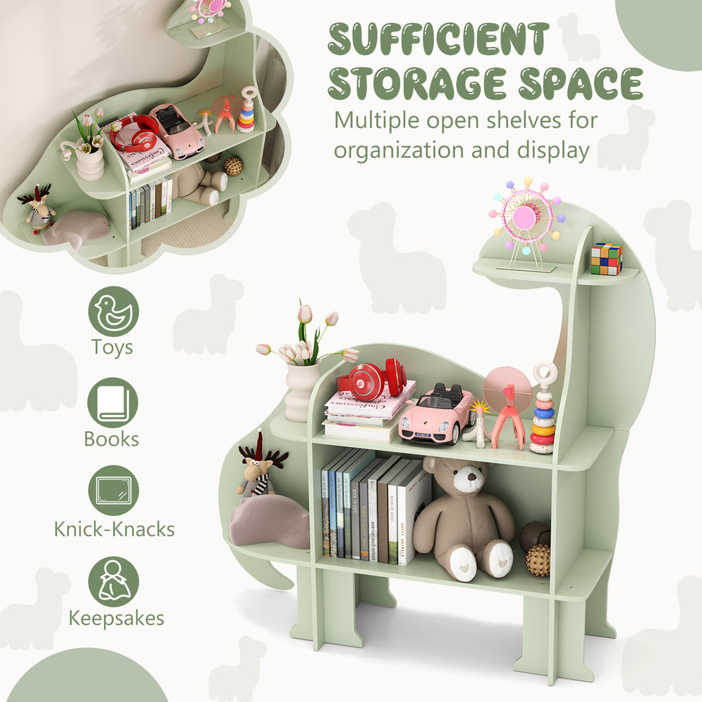 3-tier green dinosaur kids bookshelf with multiple open shelves for toys and books, perfect for nursery or bedroom.