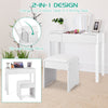 White vanity makeup dressing table with flip-top mirror open, revealing hidden storage compartments for jewelry and.