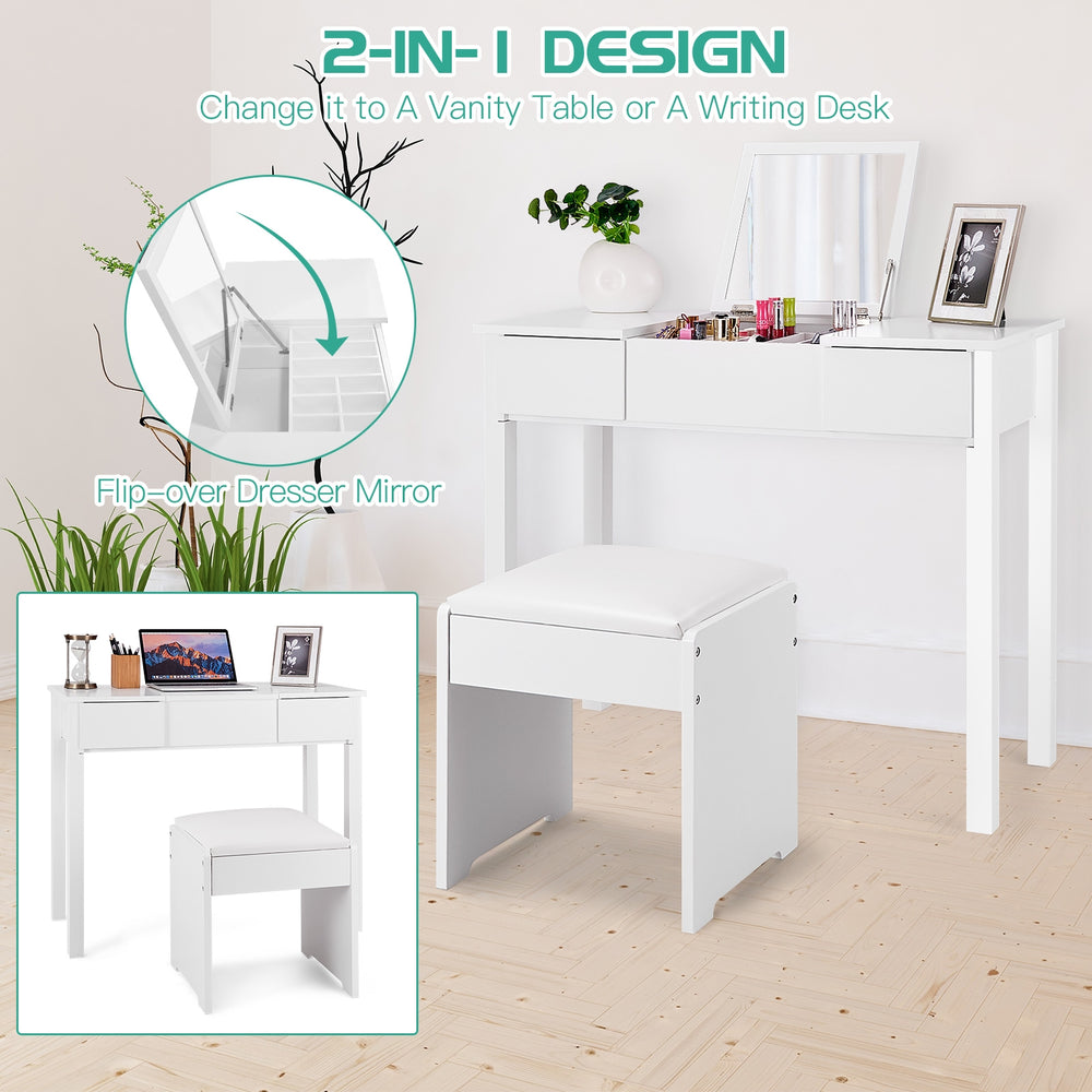 White vanity makeup dressing table with flip-top mirror open, revealing hidden storage compartments for jewelry and.