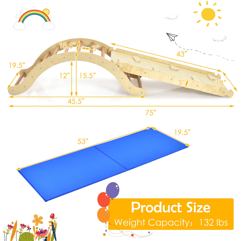 3-in-1 kids wooden arch triangle rocker climber set with ramp and blue mat, perfect for indoor and outdoor play.