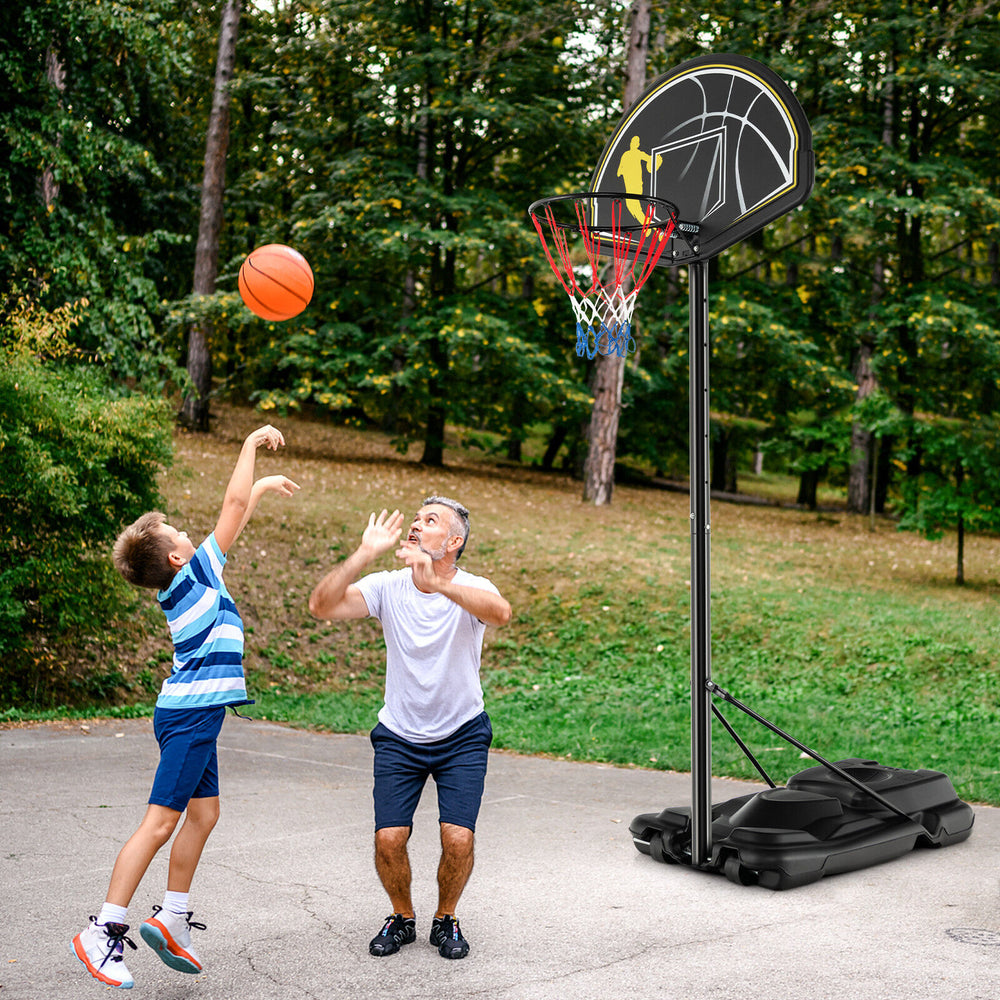 Height-adjustable basketball hoop system with 41-inch backboard, suitable for all ages, ideal for outdoor play.