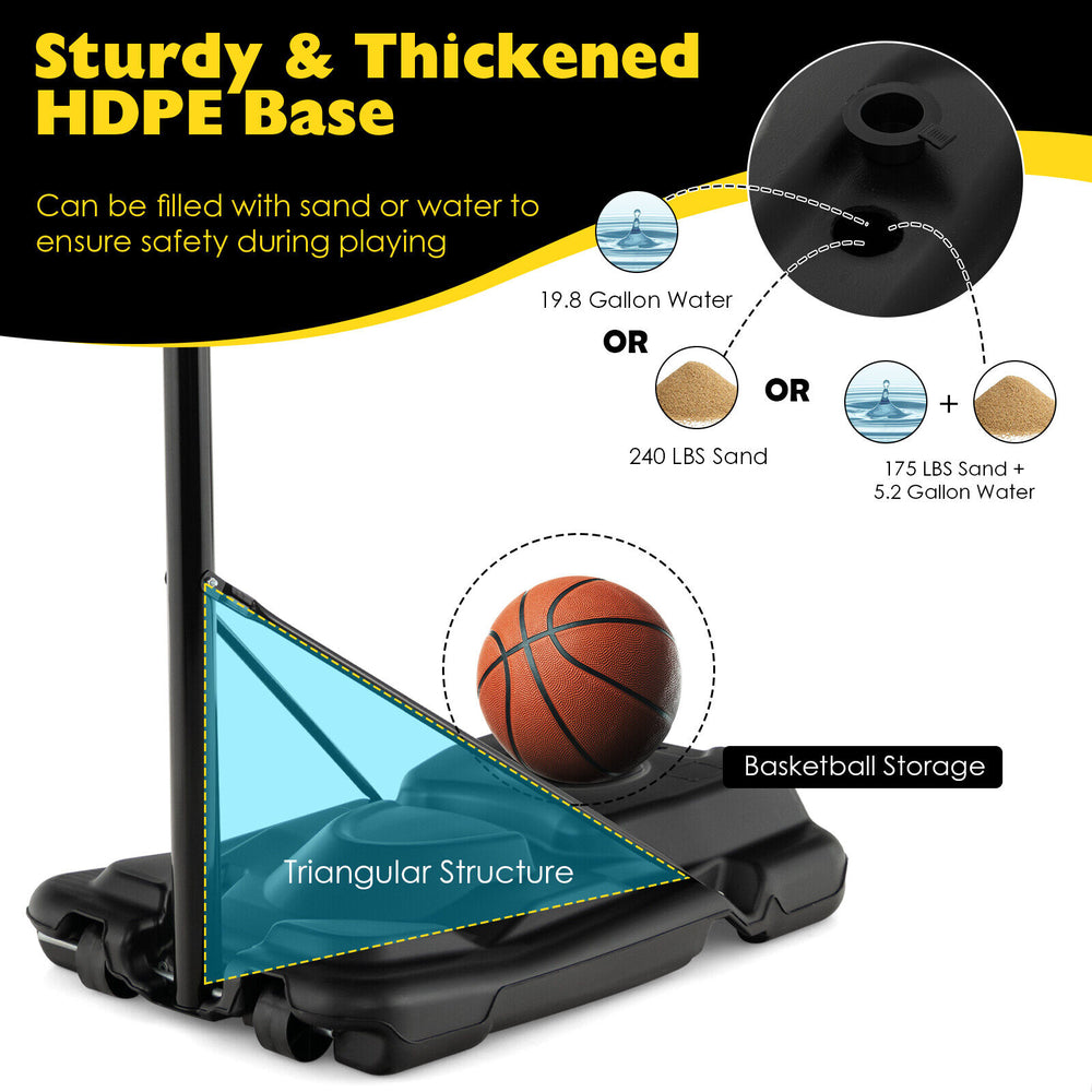 Adjustable basketball hoop base filled with sand or water for stability, featuring a triangular structure for safety.