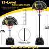 Portable adjustable basketball hoop system showing height settings from 4.25 ft to 10 ft, ideal for all ages.