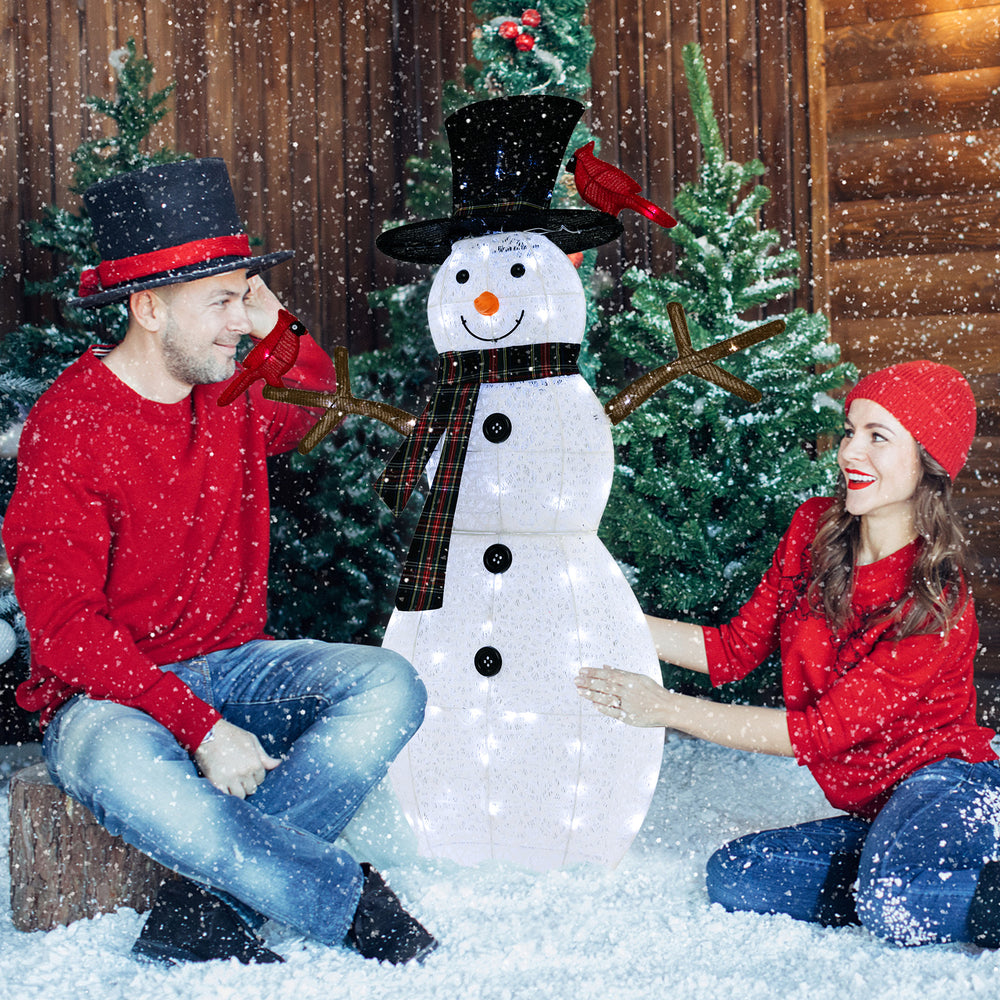Lighted 4.2 feet snowman decoration with redbirds, featuring 70 LED lights, perfect for indoor or outdoor Christmas.