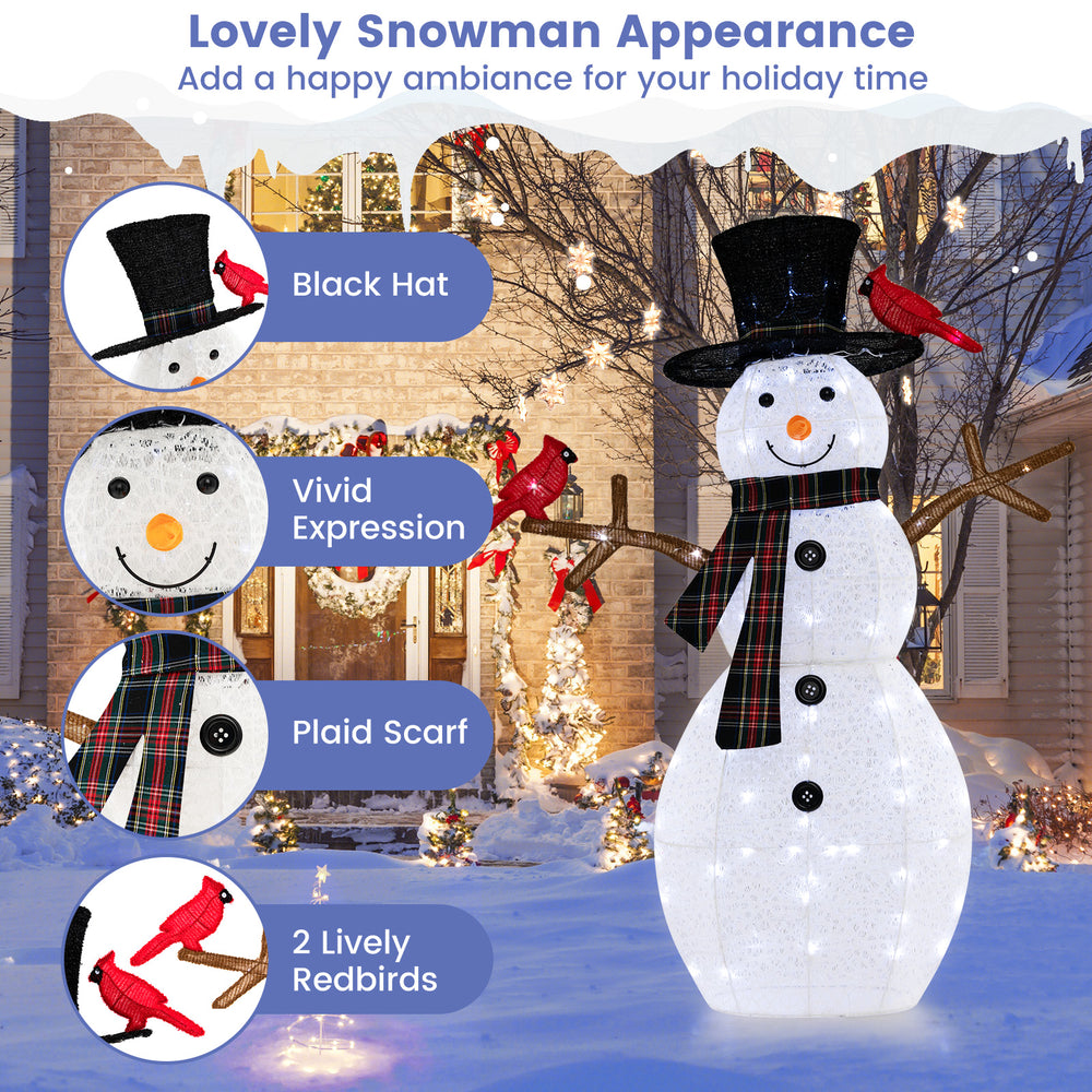Lighted 4.2 feet snowman decoration with 2 redbirds, 70 LED lights, and plaid scarf for festive indoor or outdoor.