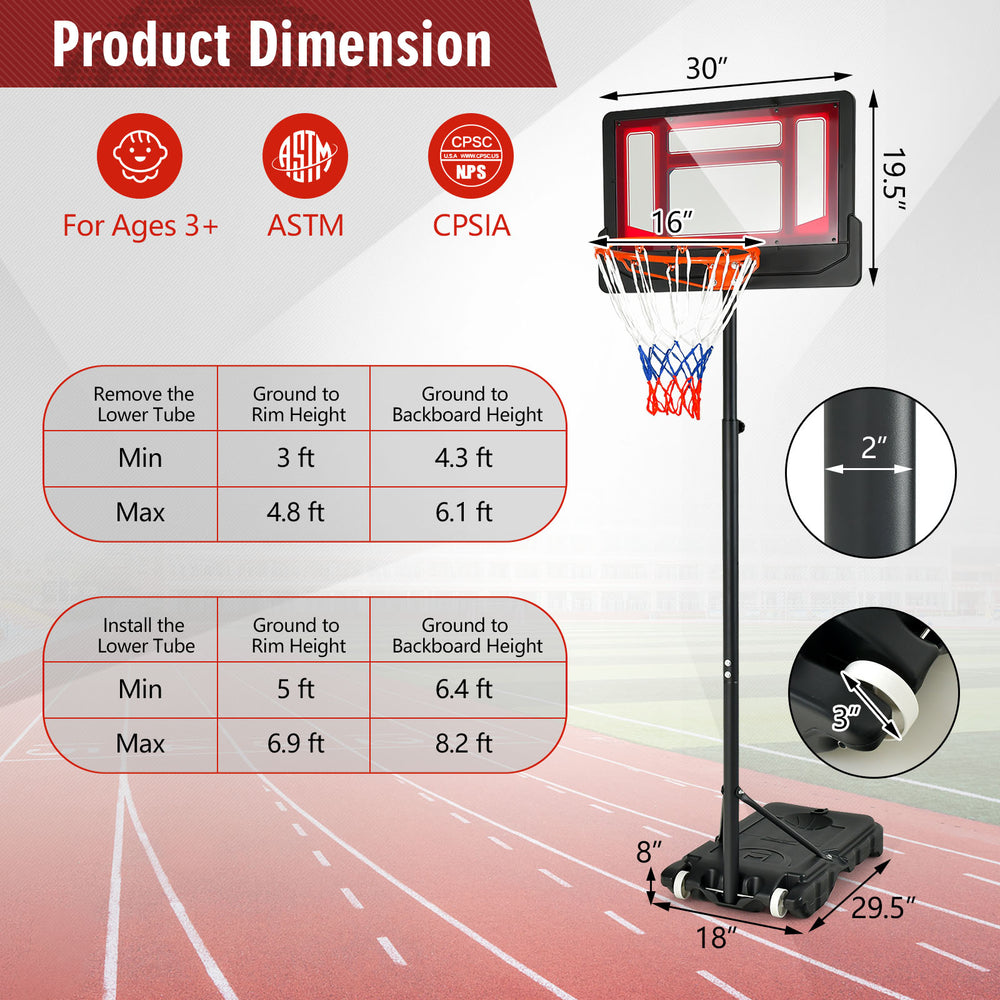 Portable basketball hoop with adjustable height from 4.3FT to 8.2FT, featuring wheels for mobility and shatterproof.