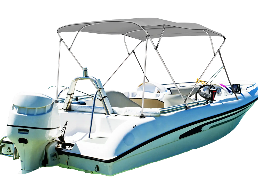 4-bow boat bimini top sun shade canopy in 600D oxford fabric, installed on a boat for sun protection on the water.