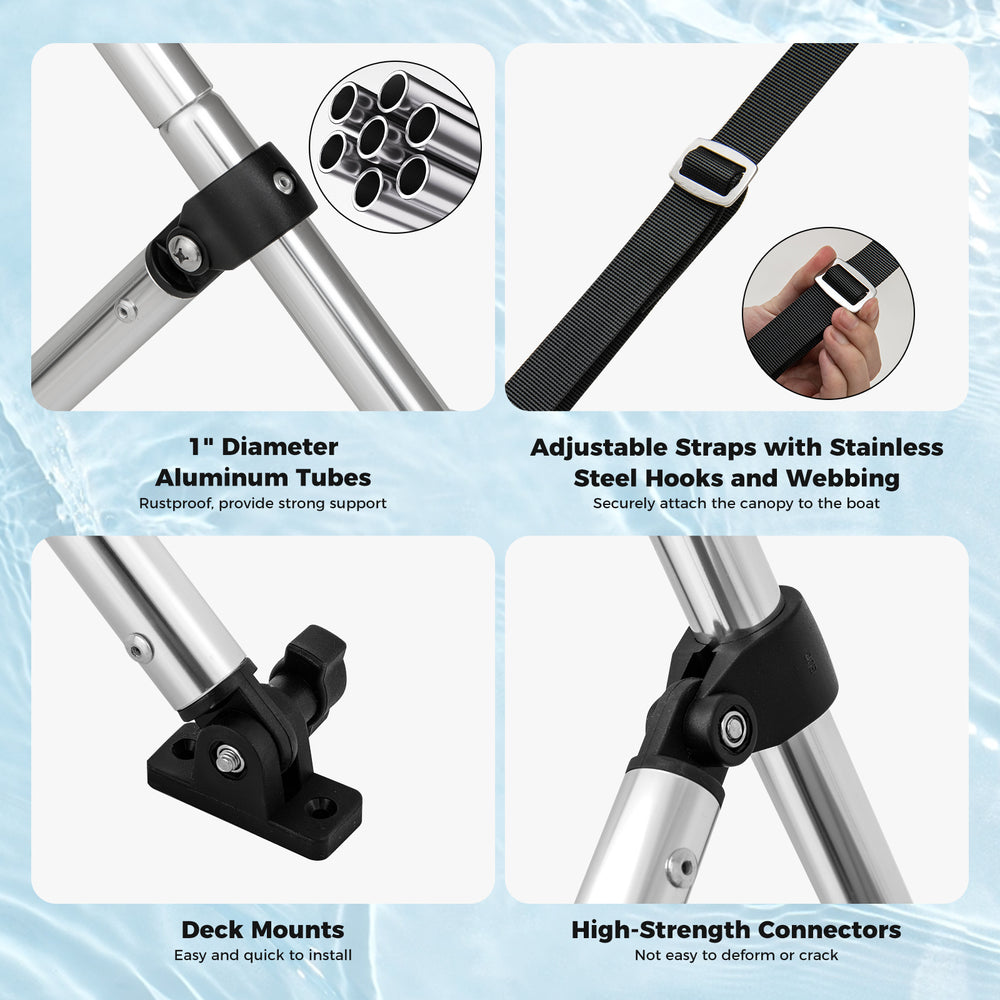 Close-up of adjustable straps and stainless steel hooks on a 4-bow boat bimini top canopy for secure attachment.