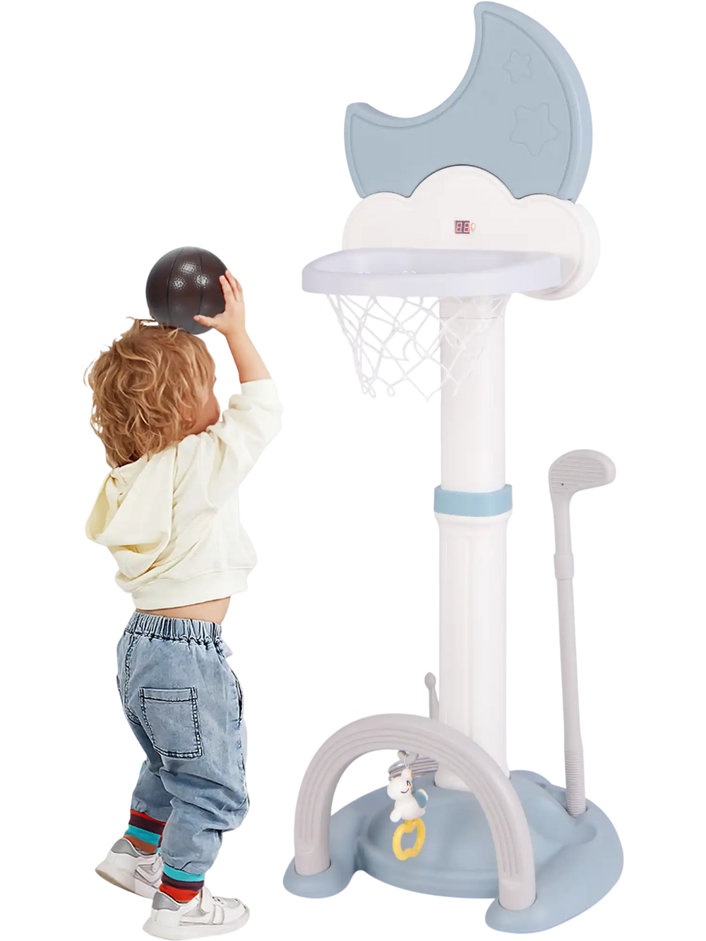 Kids basketball hoop in blue with adjustable height and electronic scoreboard, perfect for indoor and outdoor play.