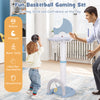 Kids basketball hoop in blue with electronic scoreboard, adjustable height for indoor and outdoor play, encourages.