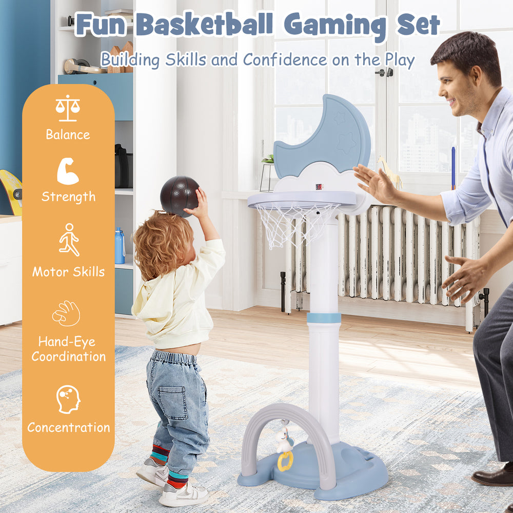 Kids basketball hoop in blue with electronic scoreboard, adjustable height for indoor and outdoor play, encourages.