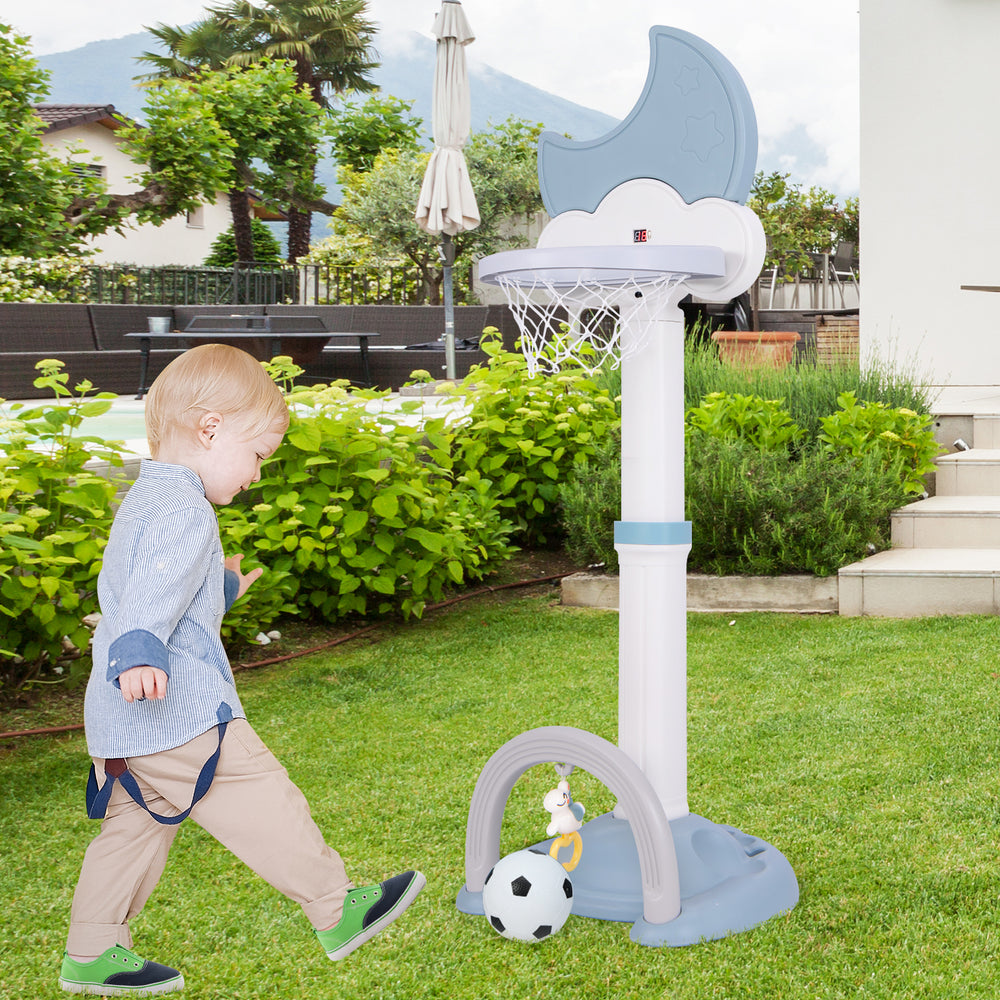 Kids basketball hoop with moon-shaped scoreboard, adjustable height, and soccer ball for outdoor play and fun.