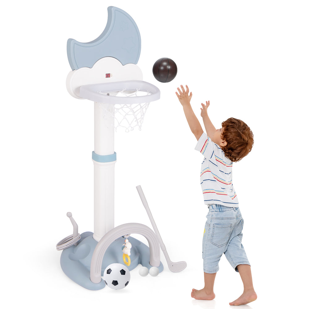 Kids basketball hoop with moon-shaped scoreboard, adjustable height, and accessories for indoor and outdoor play.