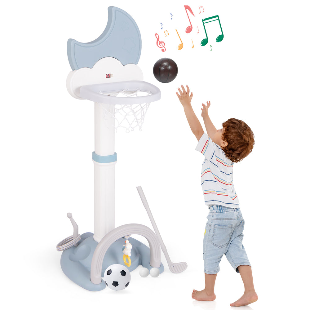4-in-1 kids basketball hoop in blue with adjustable height, electronic scoreboard, and accessories for fun playtime.