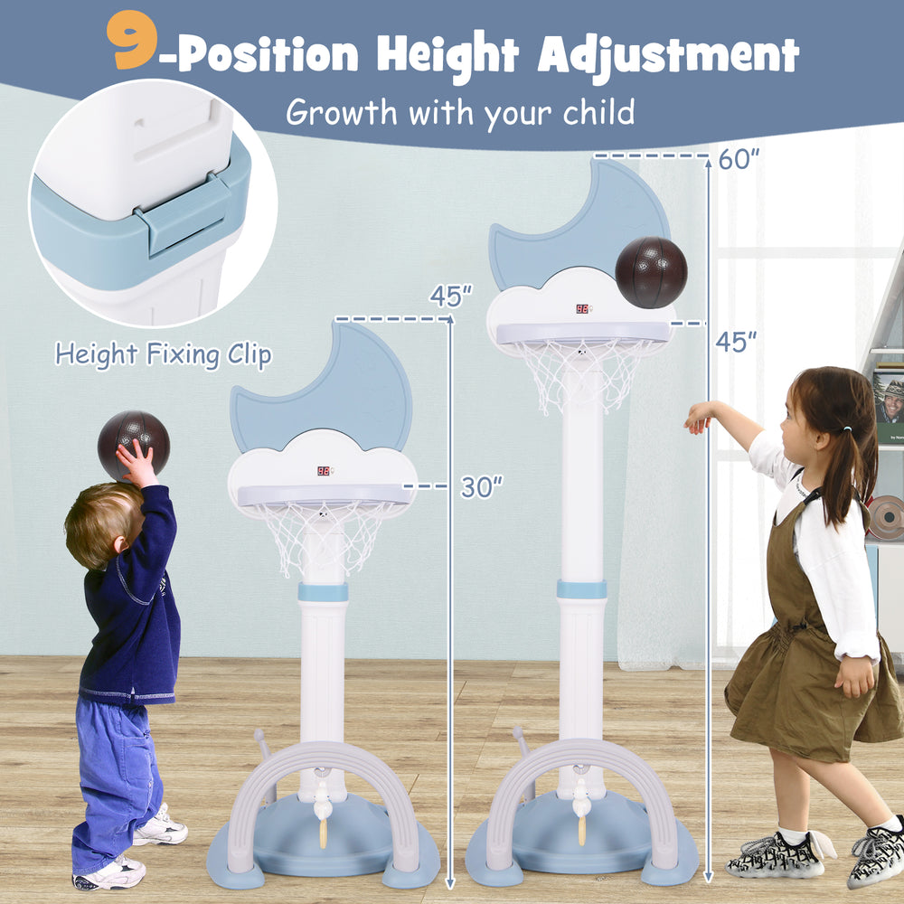 Kids basketball hoop in blue with adjustable height, electronic scoreboard, and durable construction for indoor and.