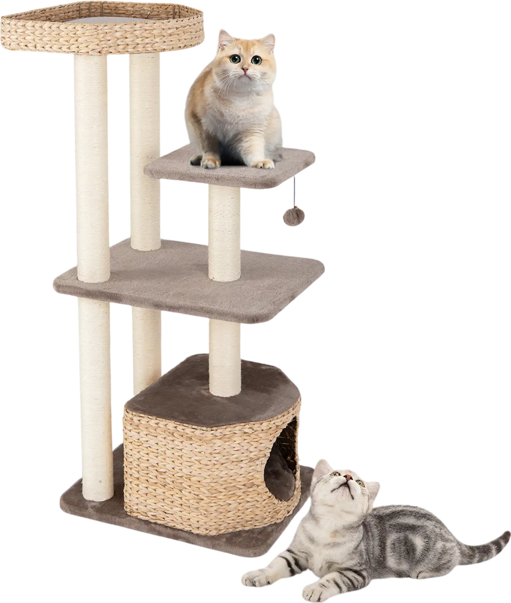 4-layer cat tower in coffee with scratching posts, condo, and washable cushions for playful and cozy feline relaxation.