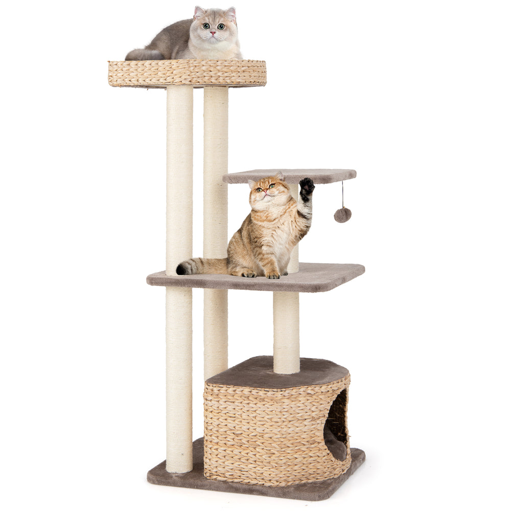 4-layer cat tower with scratching posts, cozy condo, and washable cushions for playful and comfortable feline lounging.