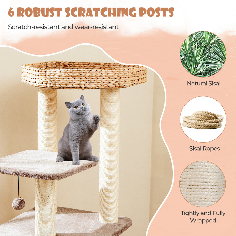 4-layer cat tower featuring natural sisal scratching posts and removable cushions for comfortable lounging and play.